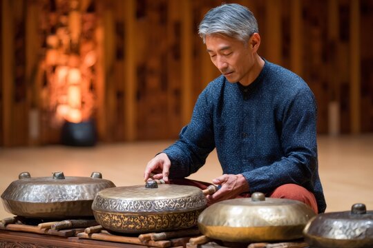 Musician playing traditional thai gong instrument in concert hall