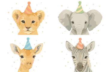Naklejka premium Wildlife celebration icons set – filled, party hats, animal characters for fun
