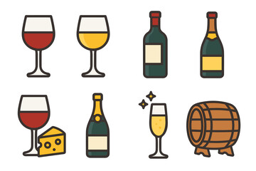 Wine and champagne outline icons set – flat, filled, beverage and celebration symbols