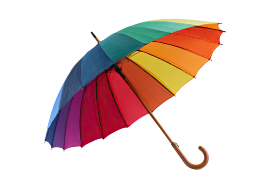 Colorful umbrella, rainbow hues, open in flight