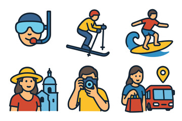 Outdoor adventure icons set – outline, linear, recreation and leisure symbols