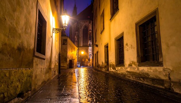 Narrow alleyway at night, lit by lamps