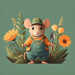 Vector image of a little mouse in a gardener's suit among bright flowers.