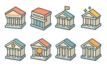 Fototapeta premium Museum and cultural institutions icons set – isometric, line, art and heritage symbols
