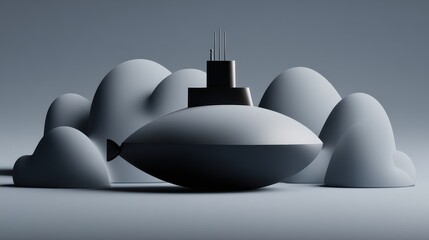 3D render of stylized minimalist submarine in grey abstract space