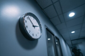 Minimalist clock on therapy room wall, symbolic of session time. Therapy setting as important part of setting boundaries in therapist - client relationship. Mental health concept. 