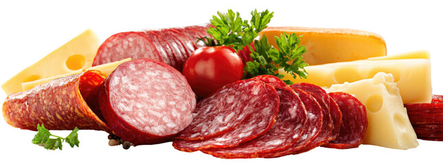 Assorted sliced meats and cheese. Fresh, whole, and sliced, cured meats, paired with wedges and slices of yellow cheese. Fresh herbs and a tomato