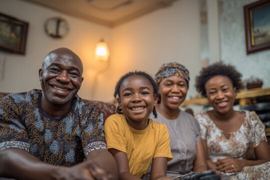 Nigerian family relaxing in living room, watching TV together, authentic candid moment at home in Nigeria. 