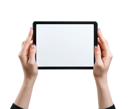 Hands holding a blank tablet. A pair of hands, with light skin and manicured nails, hold a black tablet in a front-facing position. The tablet screen is a blank white rectangle, with a black bezel - Powered by Adobe