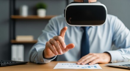 Caucasian male adult using vr headset for business analysis in office setting
