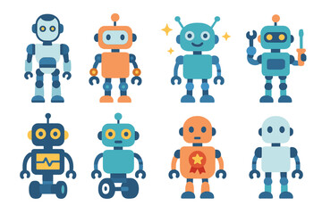 Obraz premium Colorful robot flat icons set – outline, silhouette, ai and tech symbols