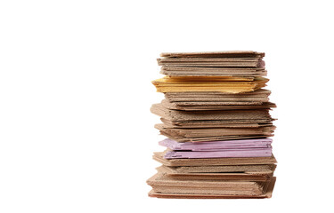 A tall stack of beige and off-white papers, with a few colored sheets visible