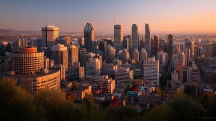 Obraz premium Skyline of a bustling city at sunset showcasing modern architecture and vibrant urban life