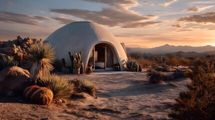 Unique desert dome house sits amidst cacti under a vibrant sky at sunset, showcasing modern architecture and natural beauty