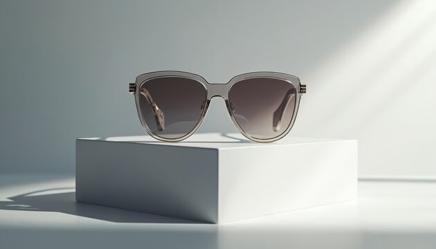 Elegant sunglasses displayed on geometric podium in minimalist studio setting. Modern eyewear casting shadows. Silver frame style, gradient lenses. Accessory for summer fashion, vision protection,