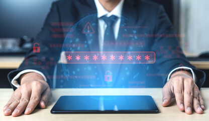 Password security breach warning with red asterisk box, cybersecurity alert, lock icons, and...