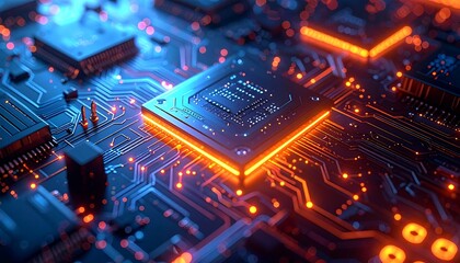 Close-up circuit board with glowing processor