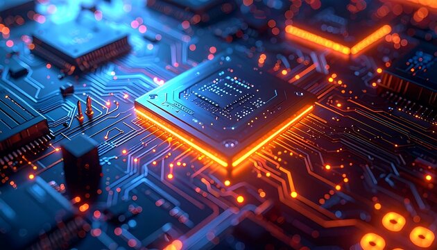 Close-up circuit board with glowing processor - Powered by Adobe