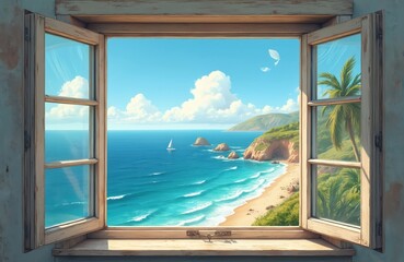 Fototapeta premium Open vintage window tranquil coastal scene with ocean waves, sandy beach, green cliffs, distant sailing boat. Palm trees frame view. Freedom, summer, escape, hope, peaceful relaxation, bright, airy