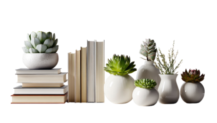 A still life arrangement of succulents in white ceramic pots,  stacked books
