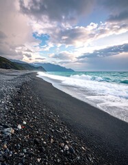 Dramatic beach scene at sunset