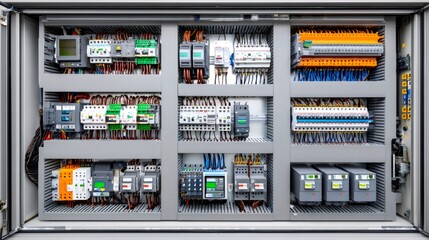 Electrical cabinet showing wiring, relays, and circuit breakers