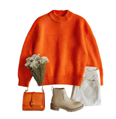 Vibrant orange sweater, cream pants, boots, and bag.  A fall/winter outfit, with a bouquet of small white flowers in the middle