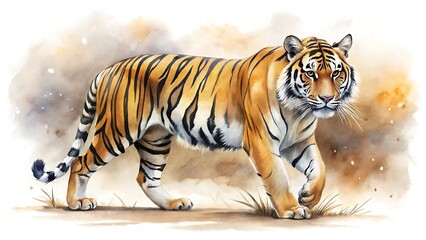 Fototapeta premium A majestic tiger strides forward with a determined gaze, its orange and black stripes contrasting against the soft, watercolor backdrop