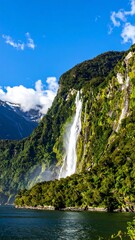 Waterfall cascading down lush mountainside