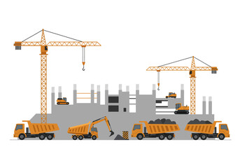 Construction Site with Cranes and Trucks.