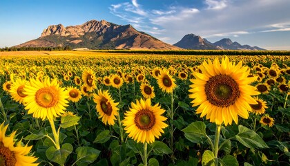 Sunny sunflower field with mountains