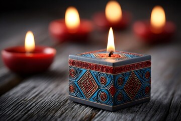 Burning decorative candle with red tea lights on rustic wood table