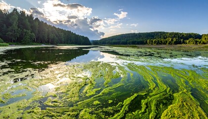 Panoramic view of a river with green algae