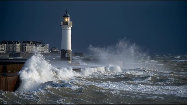 Powerful ocean waves crashing against seawall near lighthouse