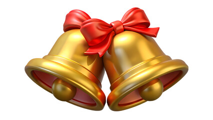 Two shiny golden christmas bells tied together with a festive red satin ribbon isolated on transparent background