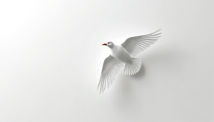 Obraz premium White paper bird in flight on minimalist background. Sculpture wings. Dove soars symbolizing freedom, peace. Elegant decoration with soft shadows. Creative art concept. Design element. Purity, hope.