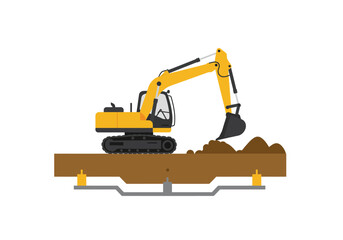 Excavator Digging Trench Foundation Construction.