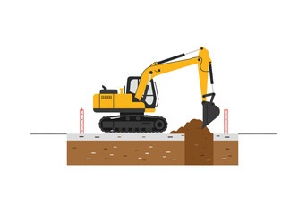 Excavator Digging a Trench on Construction Site.