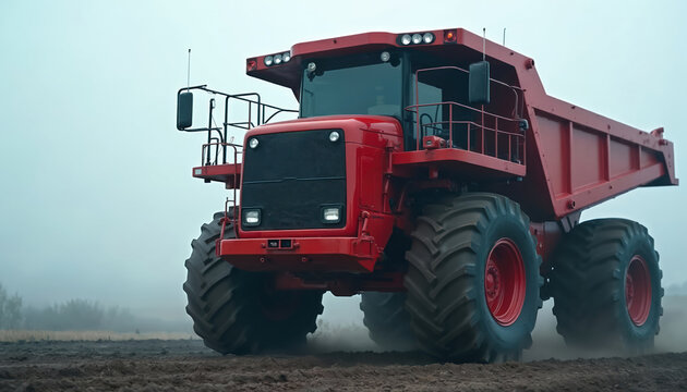 Powerful red construction vehicle moves through misty terrain. Huge tires, robust design emphasize strength, industrial might. Earthmoving equipment, mining truck at construction site.