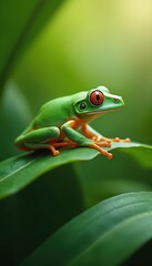 Fototapeta premium Vivid green tree frog perches on leaf. Nature macro photo of wildlife amphibian in jungle. Close-up of tropical amphibious reptile with smooth spotted skin and orange eyes.