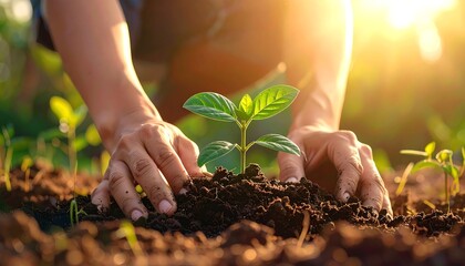 Delicate hands gently planting a vibrant seedling in fertile soil