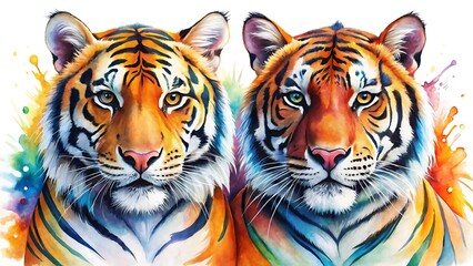 Colorful watercolor painting of two tigers, isolated on white background, showcasing their vibrant fur and unique facial expressions in detail