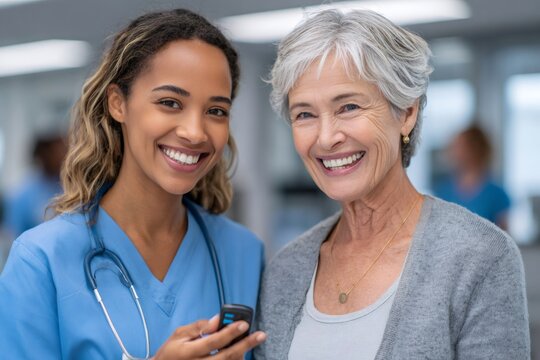 Nurse showing glucose meter to senior patient in hospital - Powered by Adobe