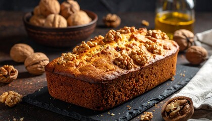 Delicious homemade walnut bread loaf served on a dark slate platter