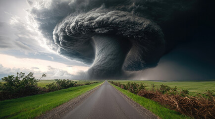 Massive tornado dark cloud stormy sky rural road green field dramatic violent natural disaster extreme weather powerful