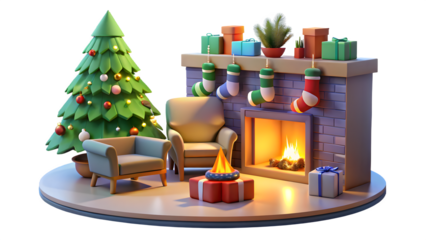 Cozy christmas scene with a decorated evergreen tree glowing fireplace and comfortable armchairs on a circular platform isolated on transparent background