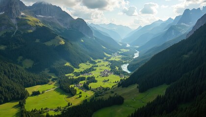 Sweeping aerial view Swiss National Park vast green valleys, dense pine forests, winding river. Majestic mountains under cloudy blue sky create serene summer landscape, inviting exploration, travel.