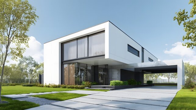 Modern minimalist white house outdoor with large windows, driveway, and landscape garden.