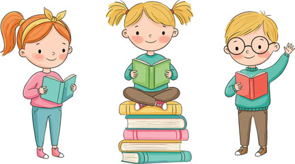 Children, reading, books, cartoon, illustration, education, learning, school, kids, study, library, colorful, happy, playful, knowledge, siblings, students, literacy, fun, stack