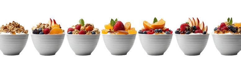 Yogurt parfaits in white bowls, featuring granola and assorted fresh fruit
